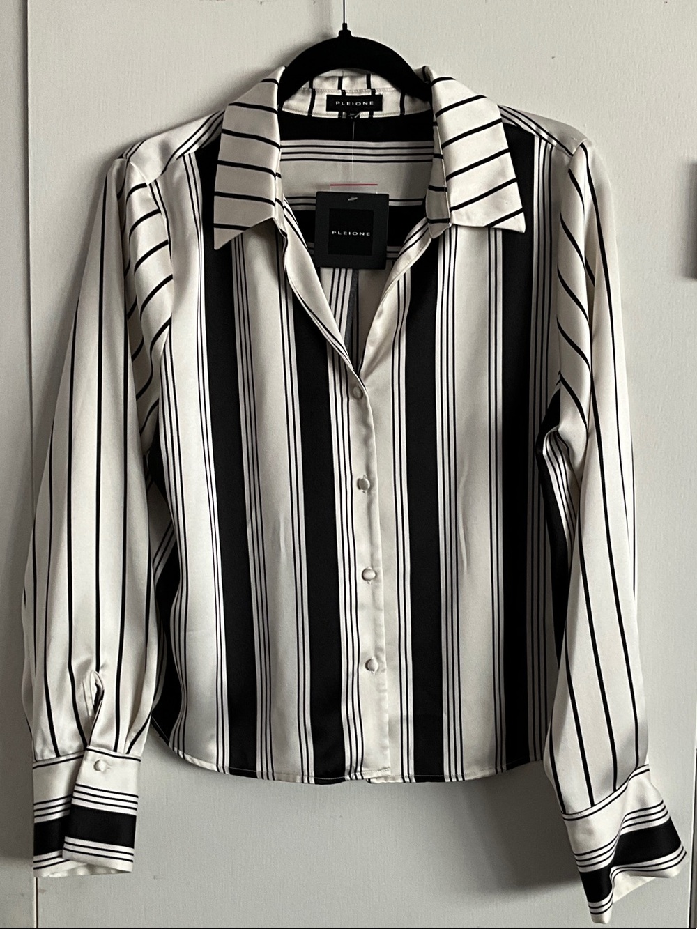 Pleione Black and White Vertical Stripe Button-Down Shirt